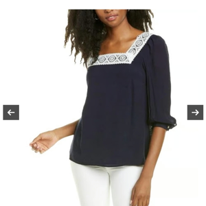 Nanette Lepore Blue‎ White Crochet Square Neck Top Women’s Size Small